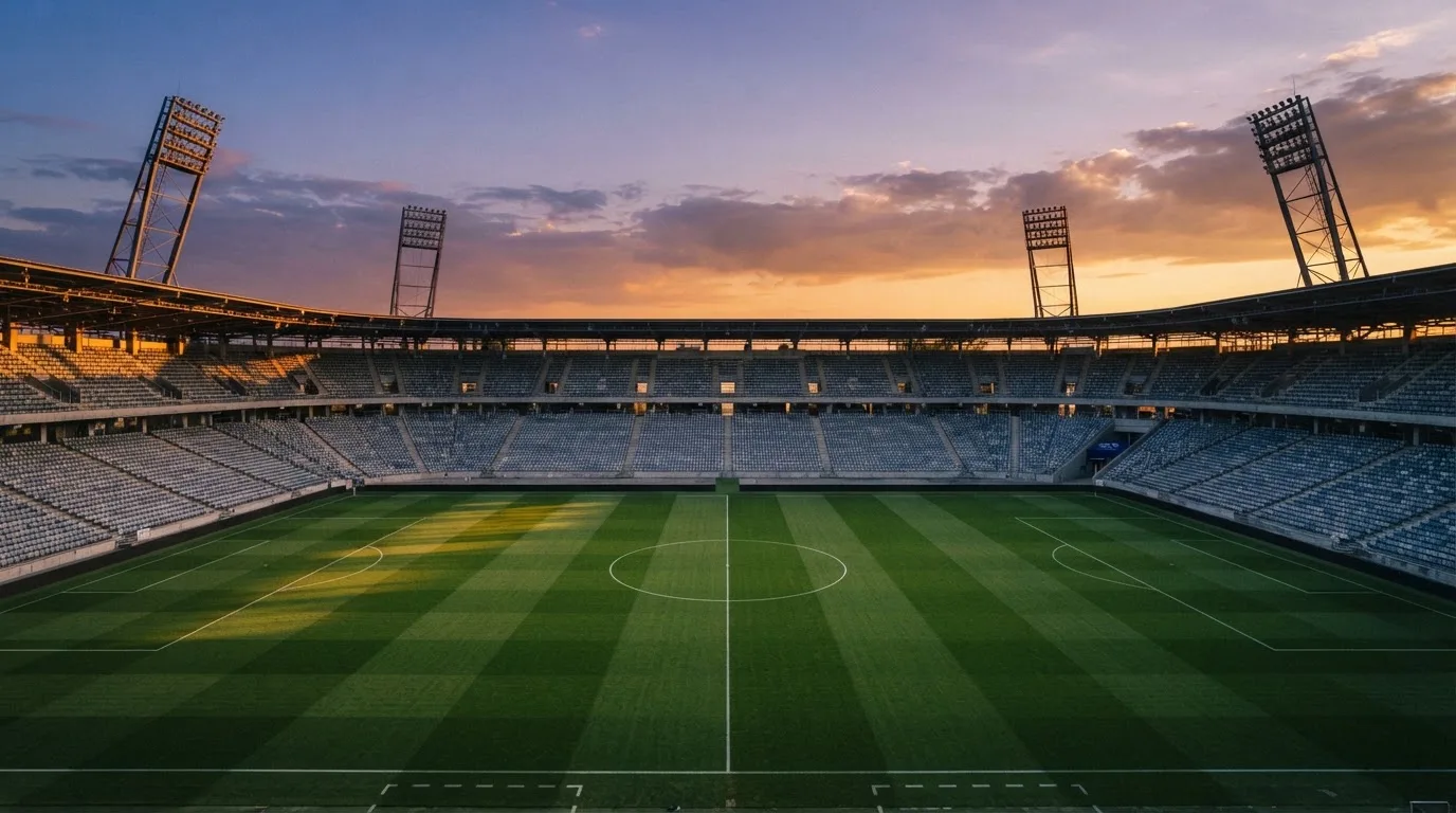 Un estadio de fútbol vacío con torres de iluminación al atardecer