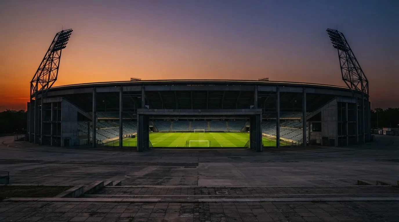 Un estadio de fútbol vacío con torres de iluminación al atardecer