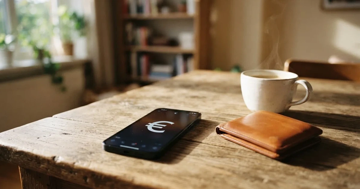 Un móvil sobre una mesa de madera junto a una cartera y una taza de café