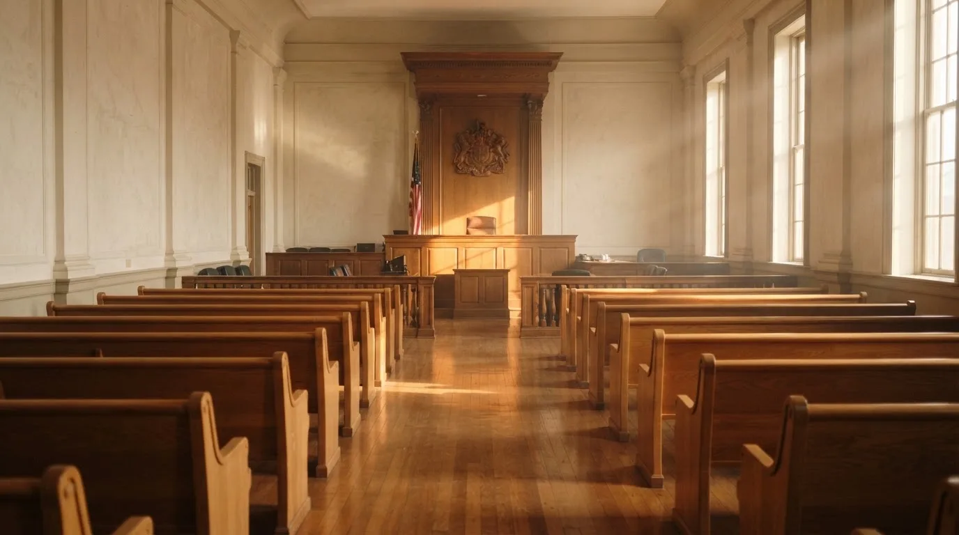 Una sala de tribunal vacía con bancos de madera a la luz de la mañana