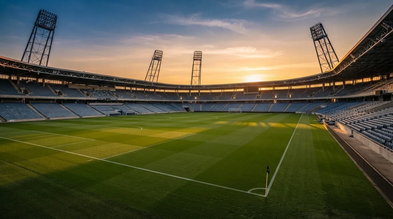 Un estadio de fútbol vacío con torres de iluminación al atardecer
