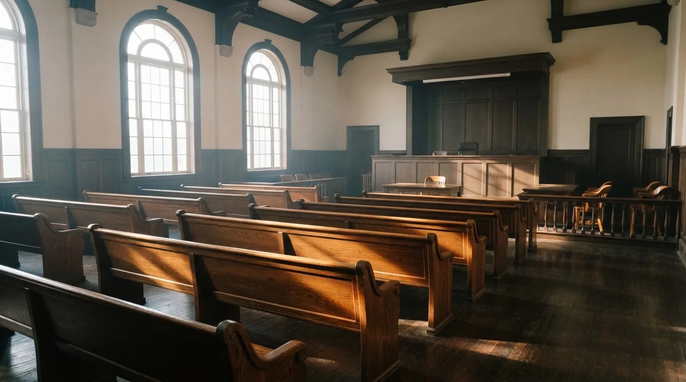 Una sala de tribunal vacía con bancos de madera a la luz de la mañana