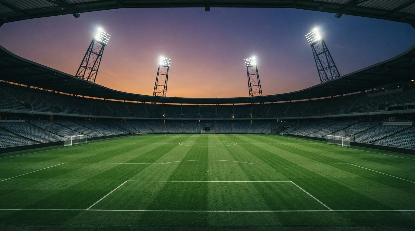 Un estadio de fútbol vacío con torres de iluminación al atardecer