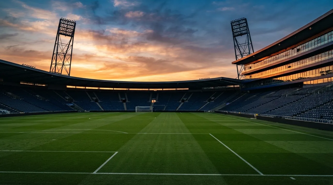 Un estadio de fútbol vacío con torres de iluminación al atardecer