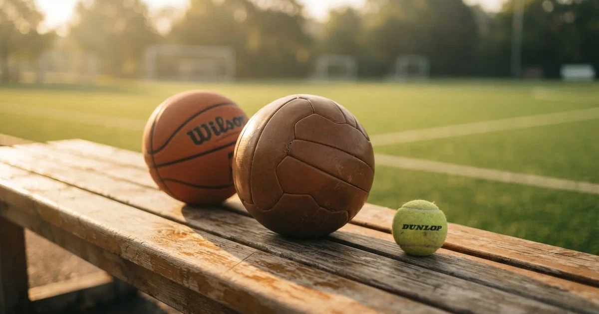 Tres balones de distintos tipos, uno junto a otro, sobre un banco de madera
