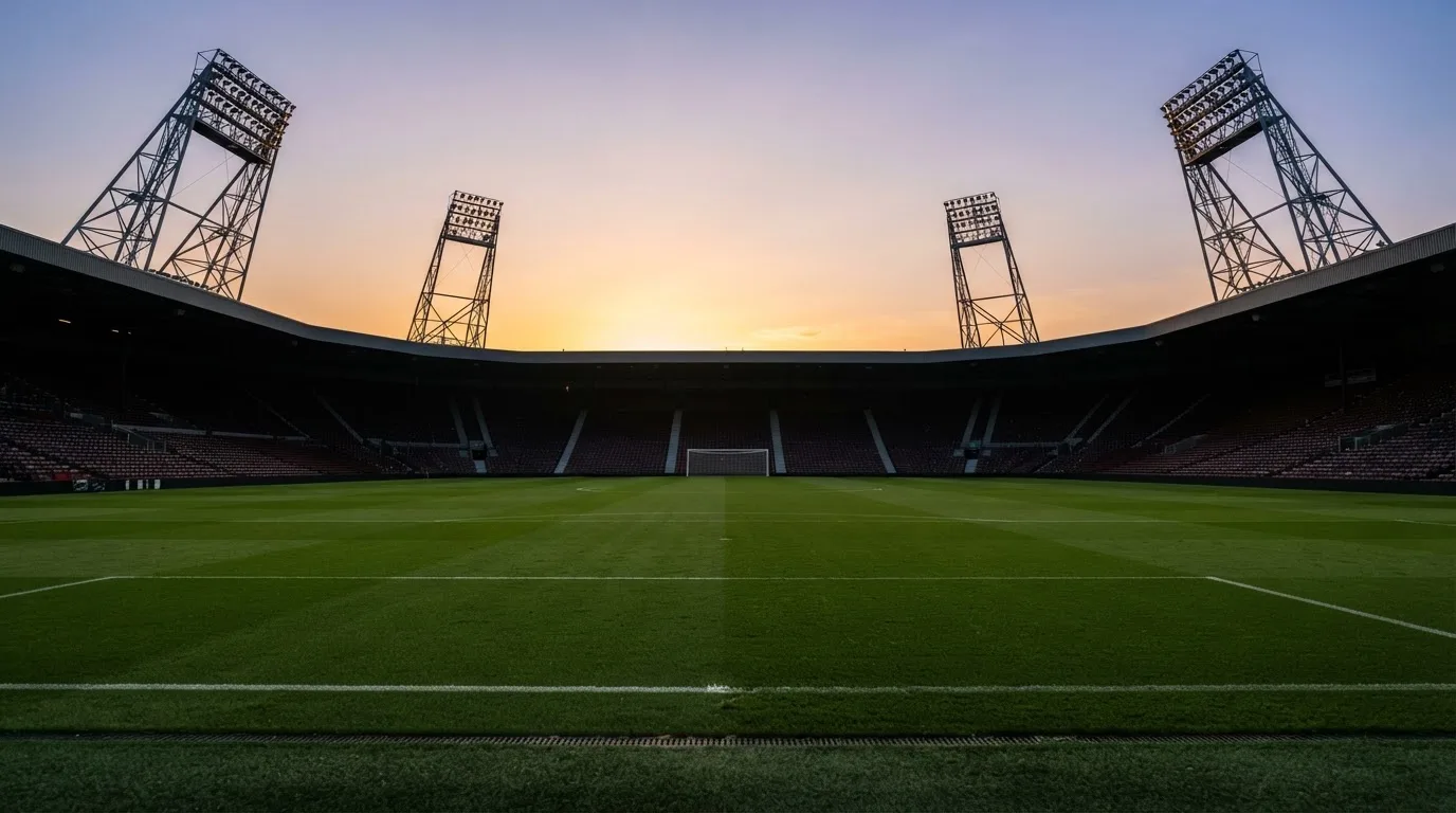 Un estadio de fútbol vacío con torres de iluminación al atardecer