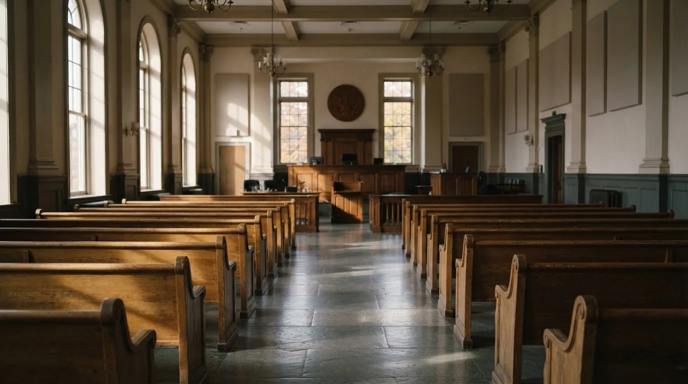 Una sala de tribunal vacía con bancos de madera a la luz de la mañana